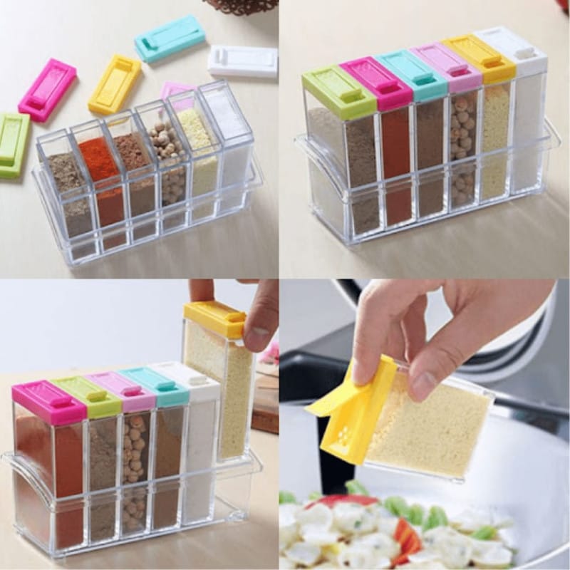 6-Piece Colorful Spice Container Set with Storage Crystal Tray