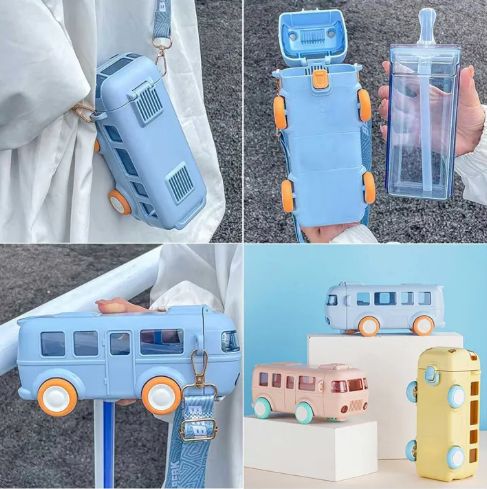 Cute Bus Shaped Kids Water Bottle with Straw & Shoulder Strap
