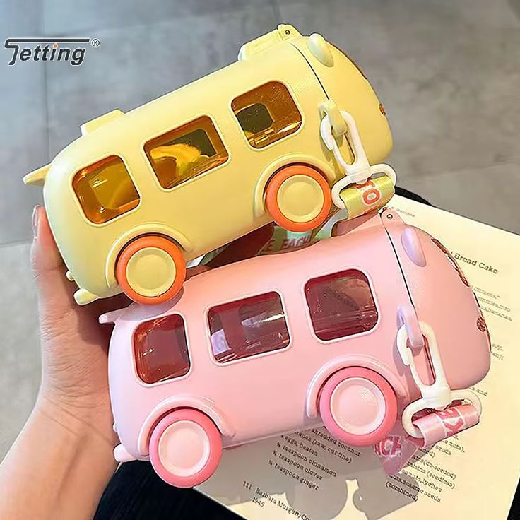 Cute Bus Shaped Kids Water Bottle with Straw & Shoulder Strap