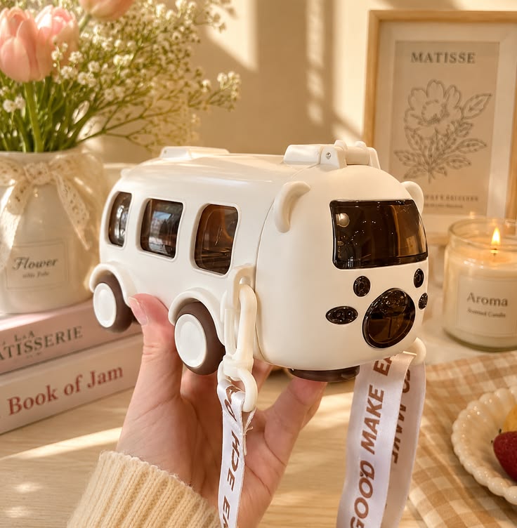 Cute Bus Shaped Kids Water Bottle with Straw & Shoulder Strap