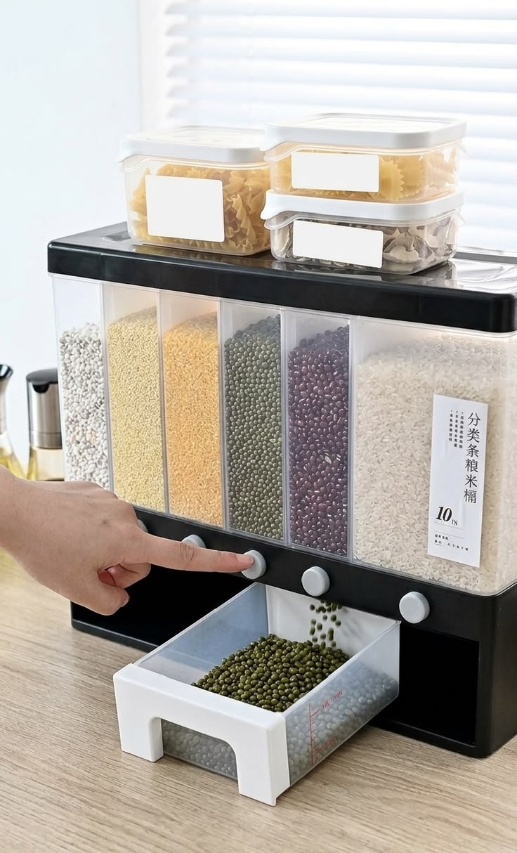 6 Grid Wall-Mounted Grain Dispenser – Sealed Dry Food & Cereal Storage Container