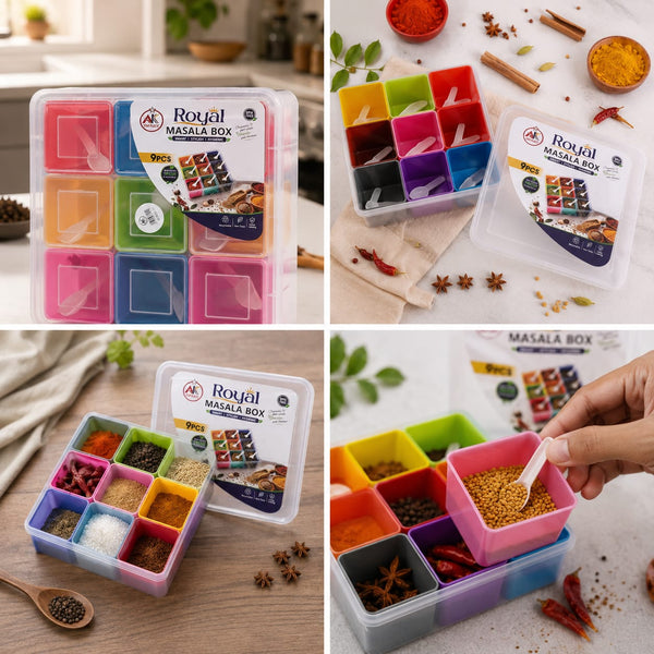 9-in-1 Multipurpose Plastic Masala Box with Spoons & Airtight Lid