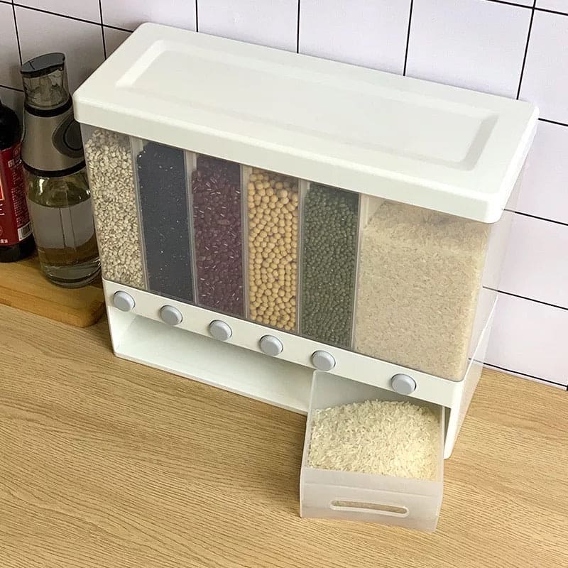 6 Grid Wall-Mounted Grain Dispenser – Sealed Dry Food & Cereal Storage Container