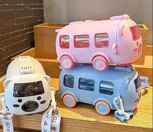Cute Bus Shaped Kids Water Bottle with Straw & Shoulder Strap