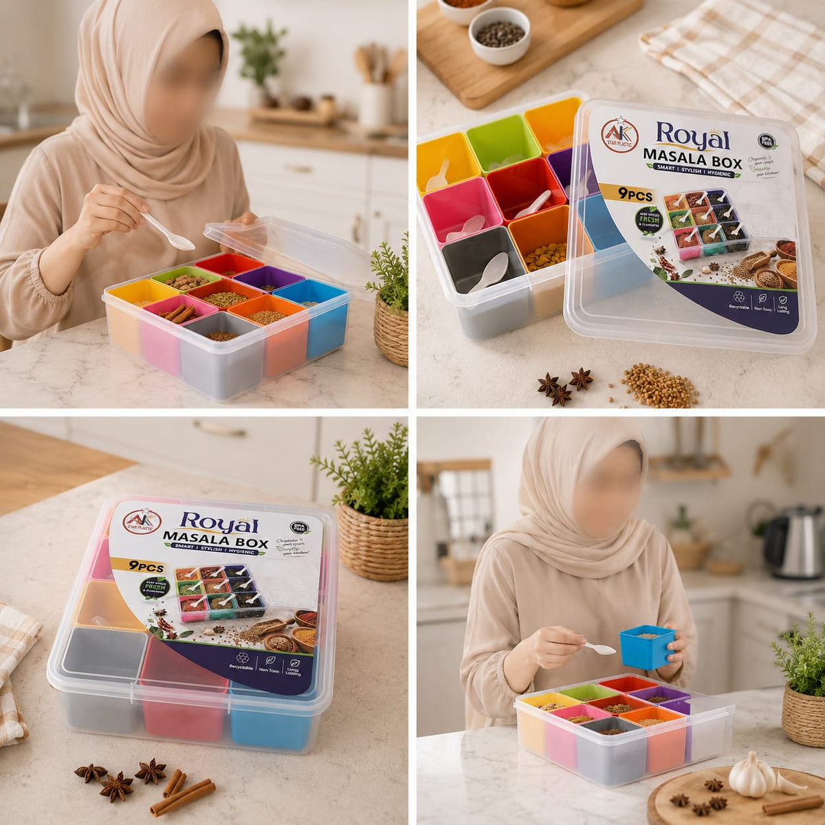 9-in-1 Multipurpose Plastic Masala Box with Spoons & Airtight Lid