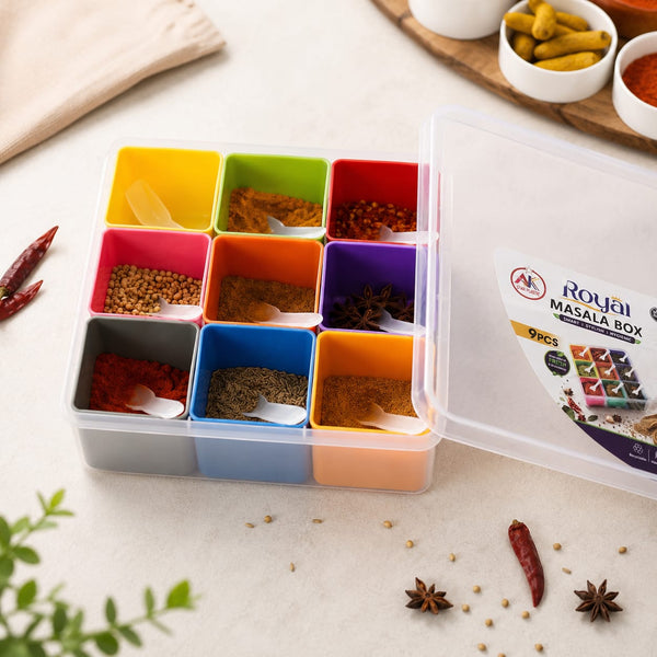 9-in-1 Multipurpose Plastic Masala Box with Spoons & Airtight Lid