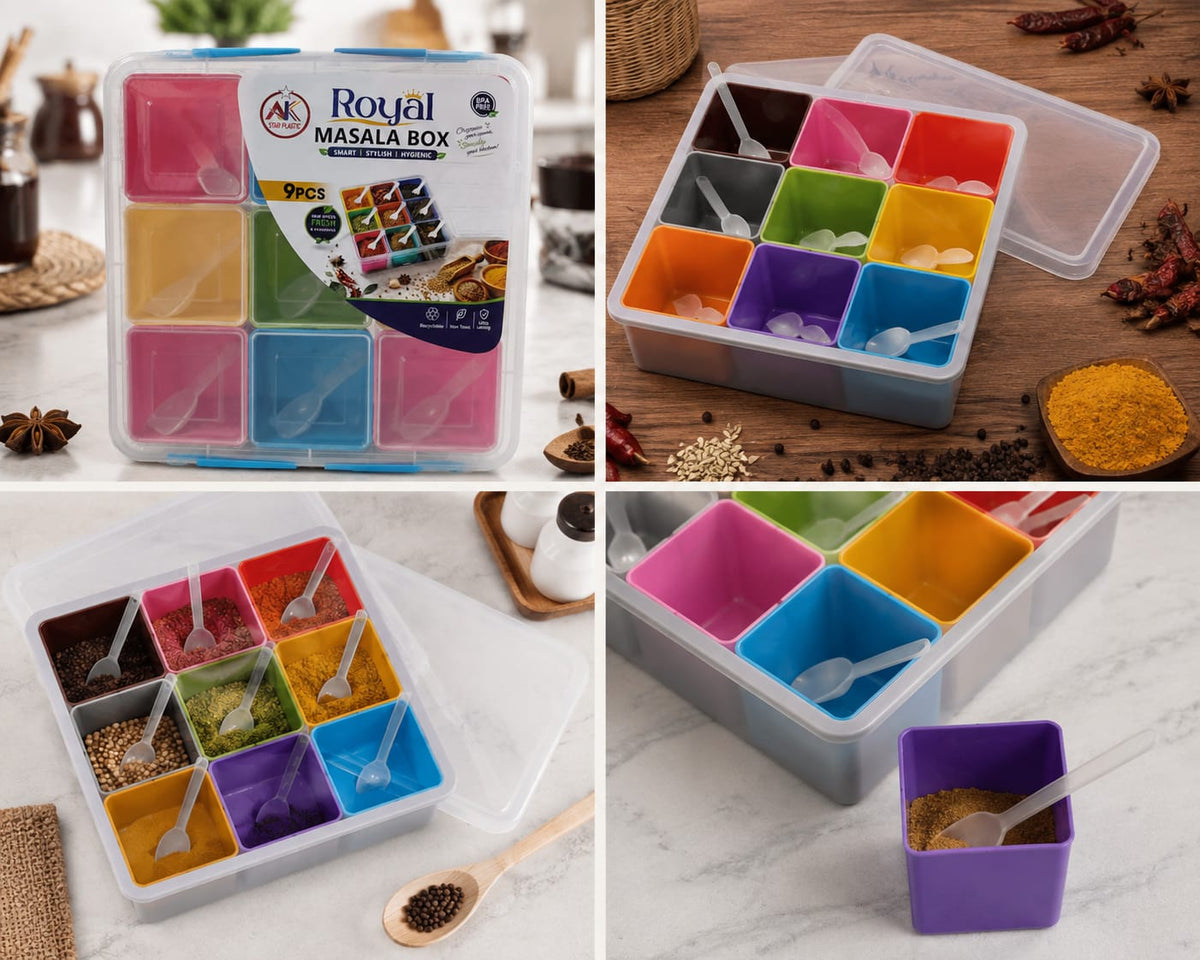 9-in-1 Multipurpose Plastic Masala Box with Spoons & Airtight Lid