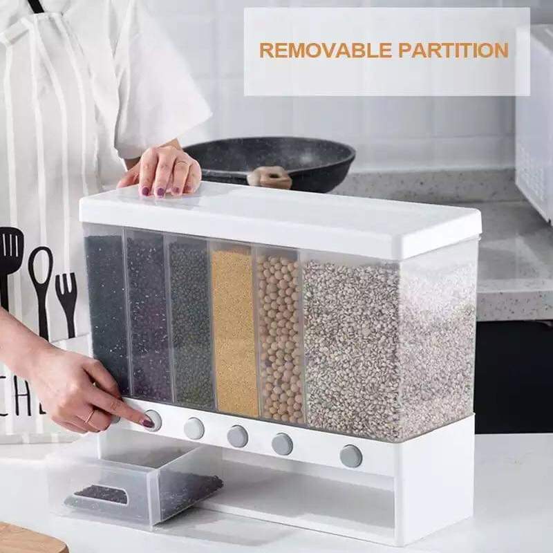 6 Grid Wall-Mounted Grain Dispenser – Sealed Dry Food & Cereal Storage Container